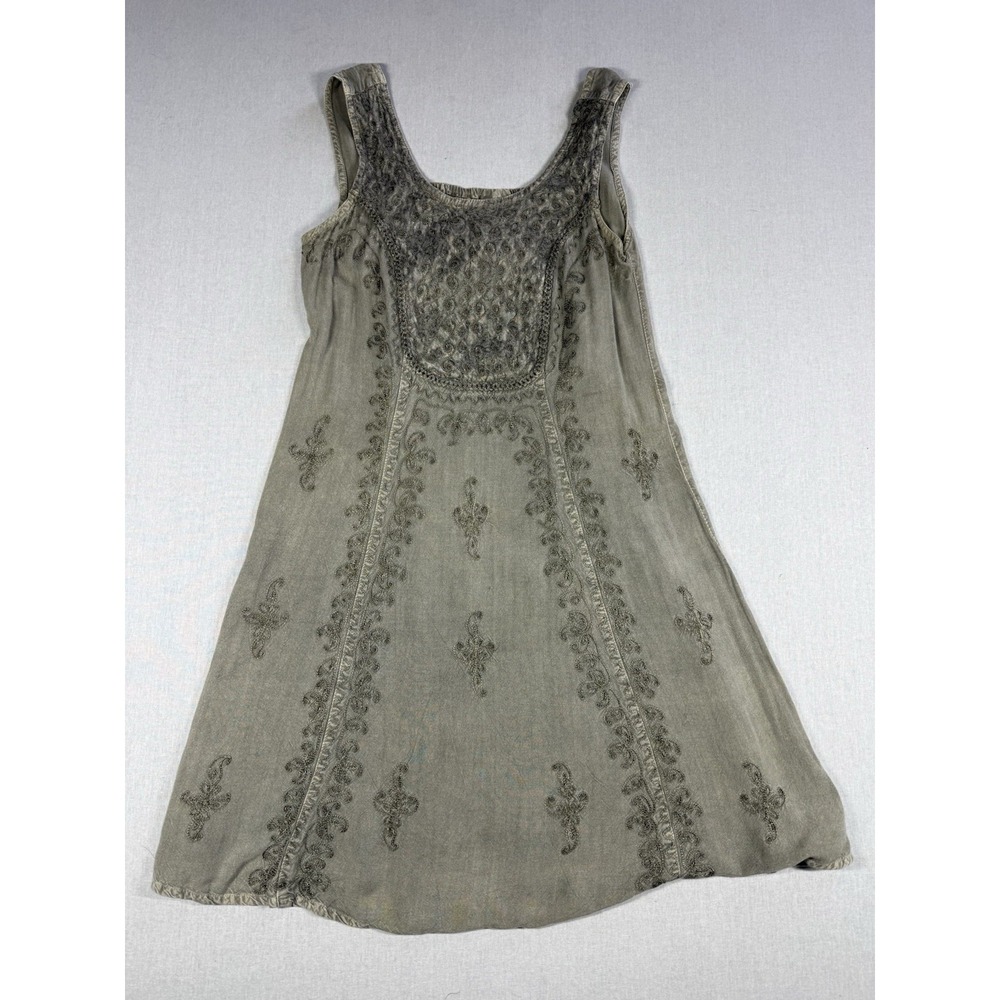 Kirat Embroidered Tank Tunic Top Sz S Green Rayon Dress Festival Cottagecore